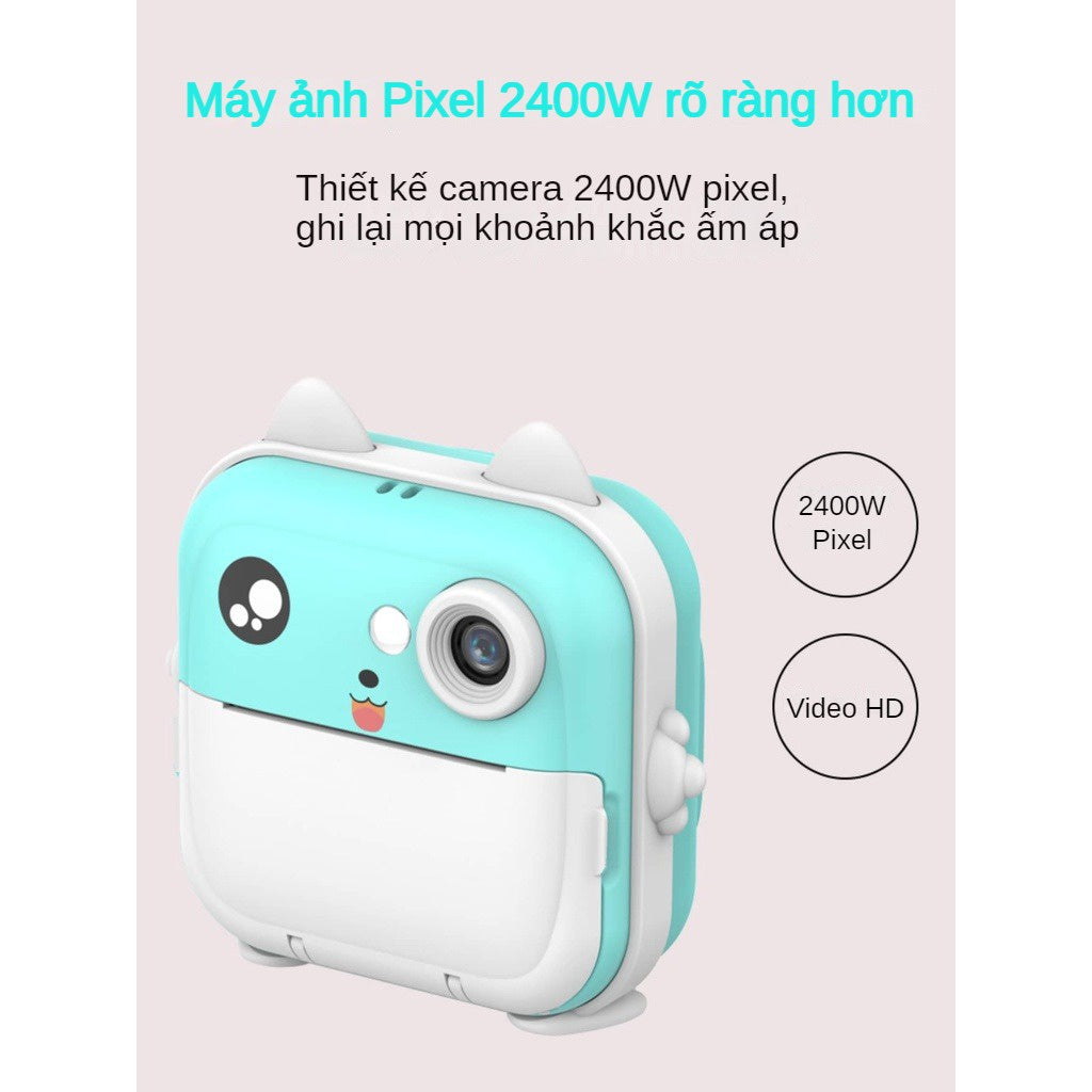 Máy Ảnh Mini in Nhiệt Chụp Lấy Liền Kỹ Thuật Số Cute Camera 24MP 720P Với 3 Cuộn Giấy Nhiệt