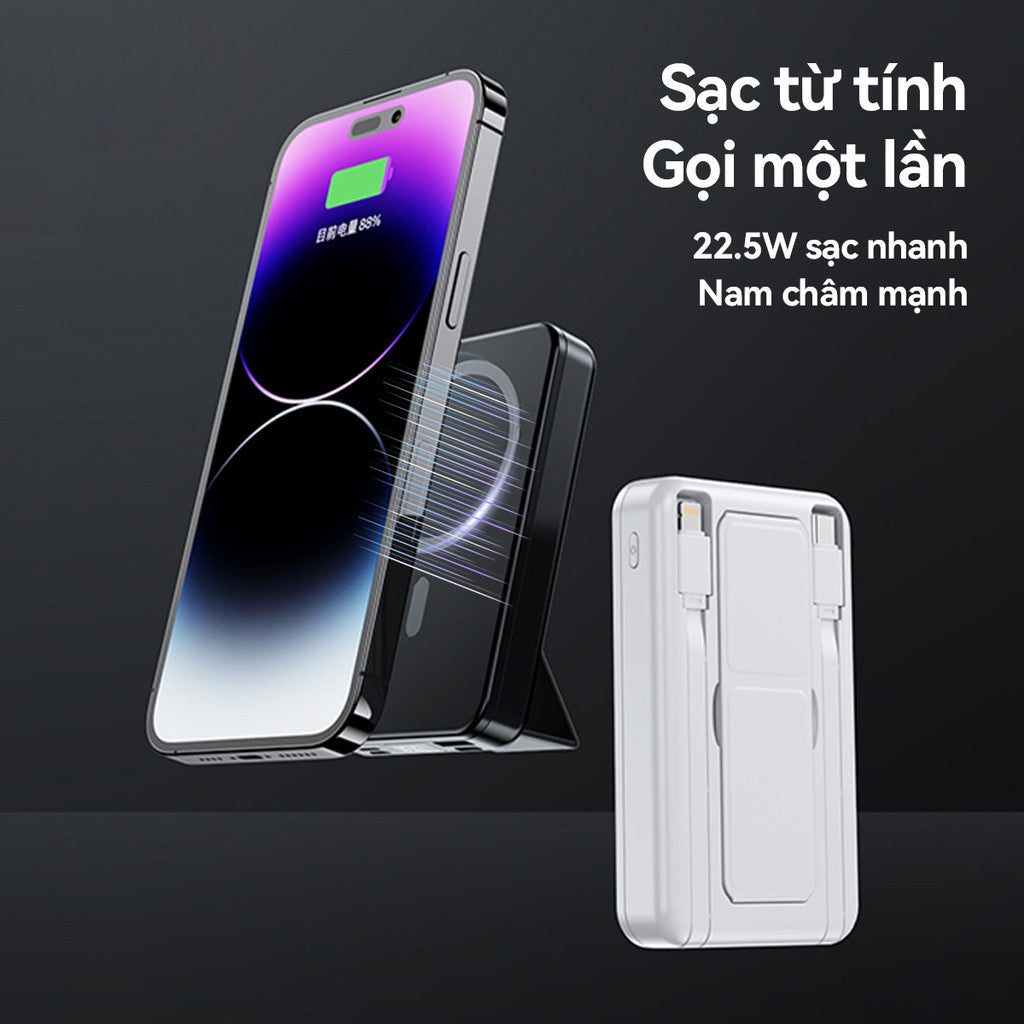 Pin Sạc Từ Tính Dự Phòng Nhanh PD22.5W Không Dây Tích Hợp 2 Đầu 10000mAH Giá Đỡ Điện Thoại