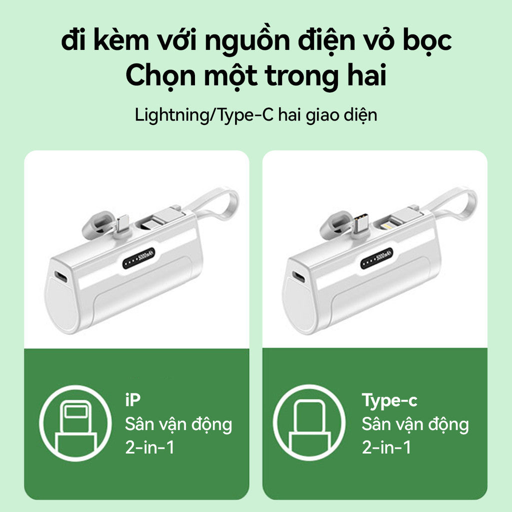 Pin Sạc Dự Phòng Mini 5000mAH Di Động An Toàn Cổng Ip Dây Type-C Macaron Cute Gaming