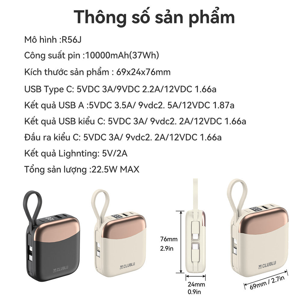 Pin Sạc Dự Phòng Mini 10000mAh R56J Có Dây Nhanh 22.5W Cấp Cao Retro Power Bank USB Type-C