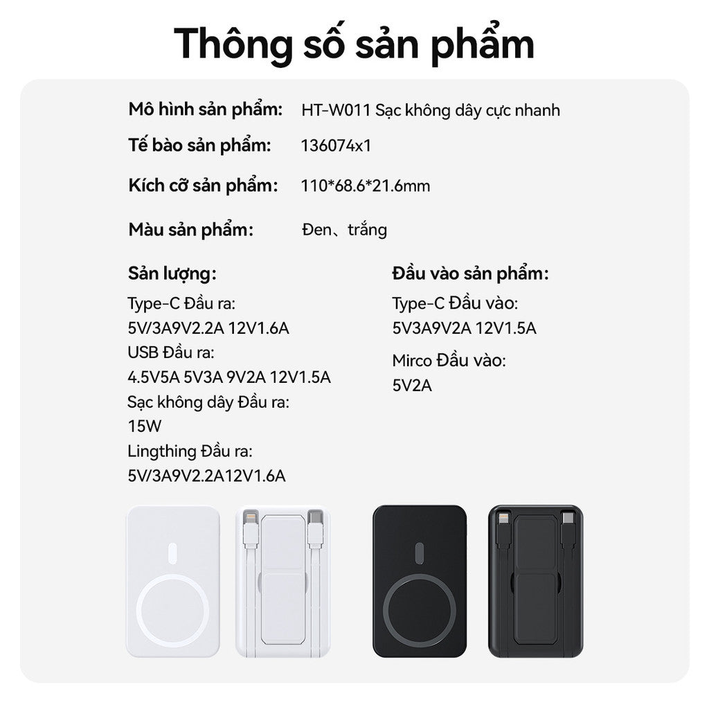 Pin Sạc Từ Tính Dự Phòng Nhanh PD22.5W Không Dây Tích Hợp 2 Đầu 10000mAH Giá Đỡ Điện Thoại