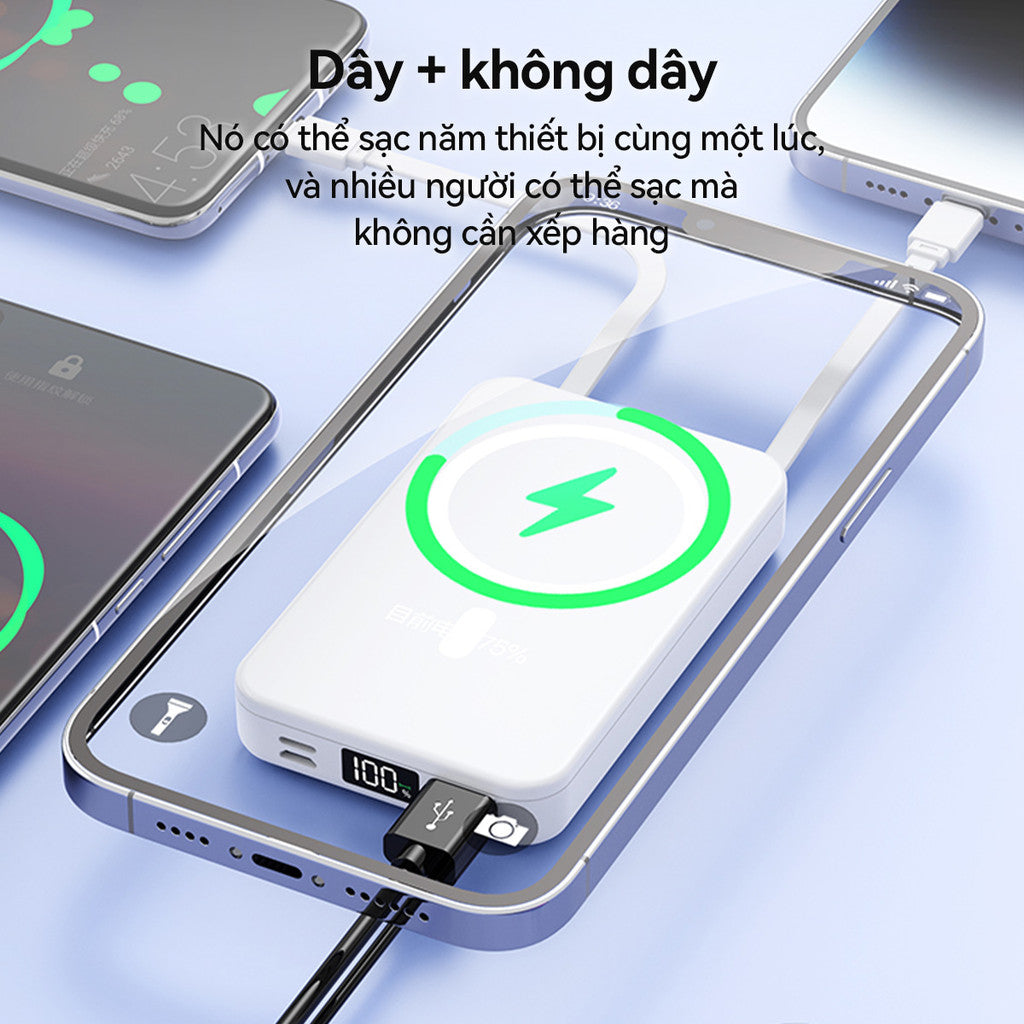 Pin Sạc Từ Tính Dự Phòng Nhanh PD22.5W Không Dây Tích Hợp 2 Đầu 10000mAH Giá Đỡ Điện Thoại