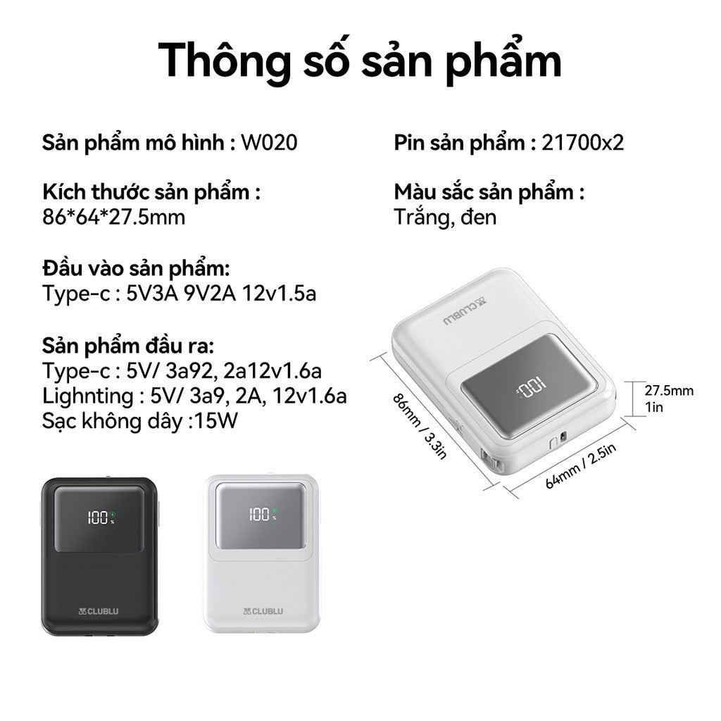 Pin Sạc Dự Phòng Từ Tính Mini W020 Cho Điện Thoại Di Động Smartwatch Cấp Cao Sạc Nhanh PD