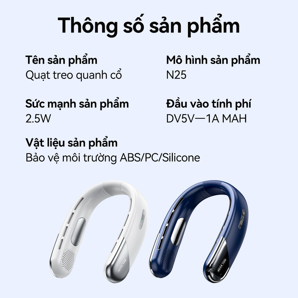 Quạt Đeo Cổ Mini Tích Điện Không Cánh Dây Làm Mát Tức Thì LED Hiển Thị Pin Lớn Thể Thao