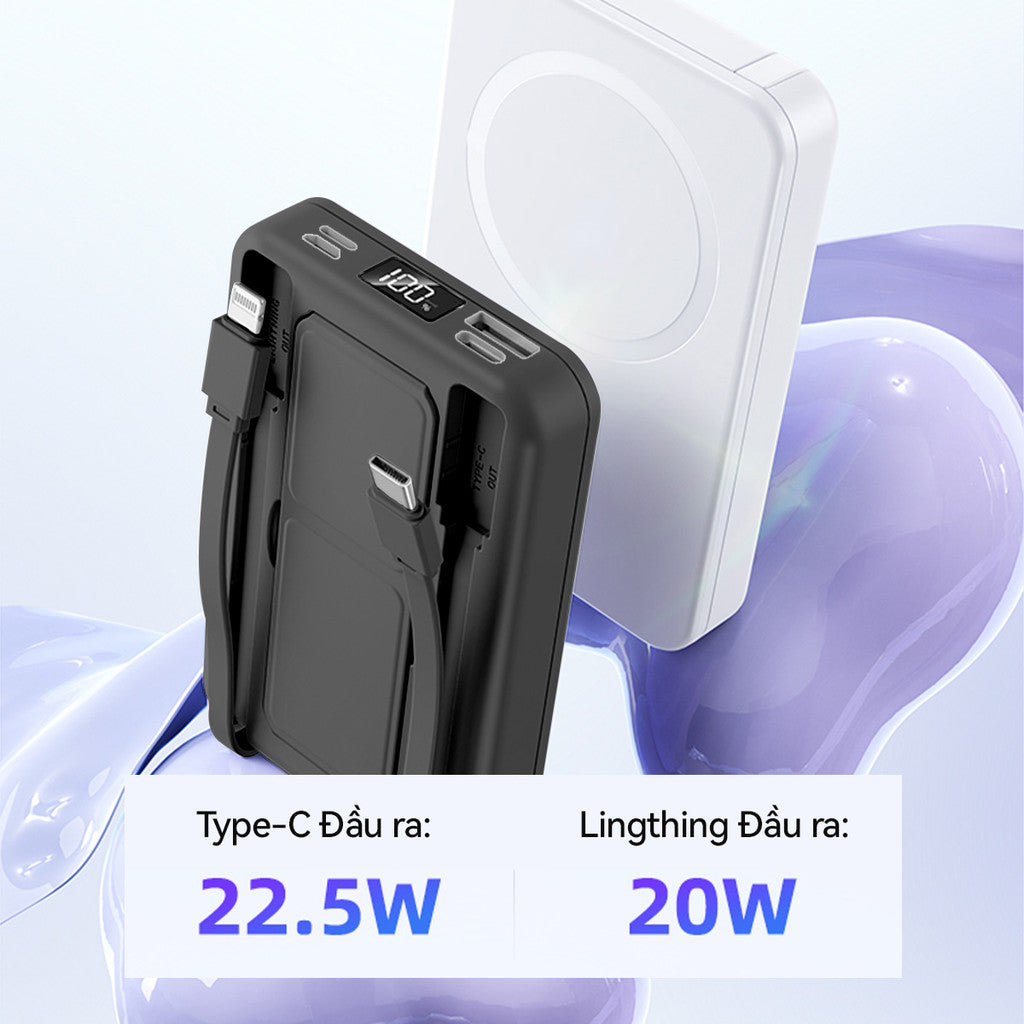 Pin Sạc Từ Tính Dự Phòng Nhanh PD22.5W Không Dây Tích Hợp 2 Đầu 10000mAH Giá Đỡ Điện Thoại