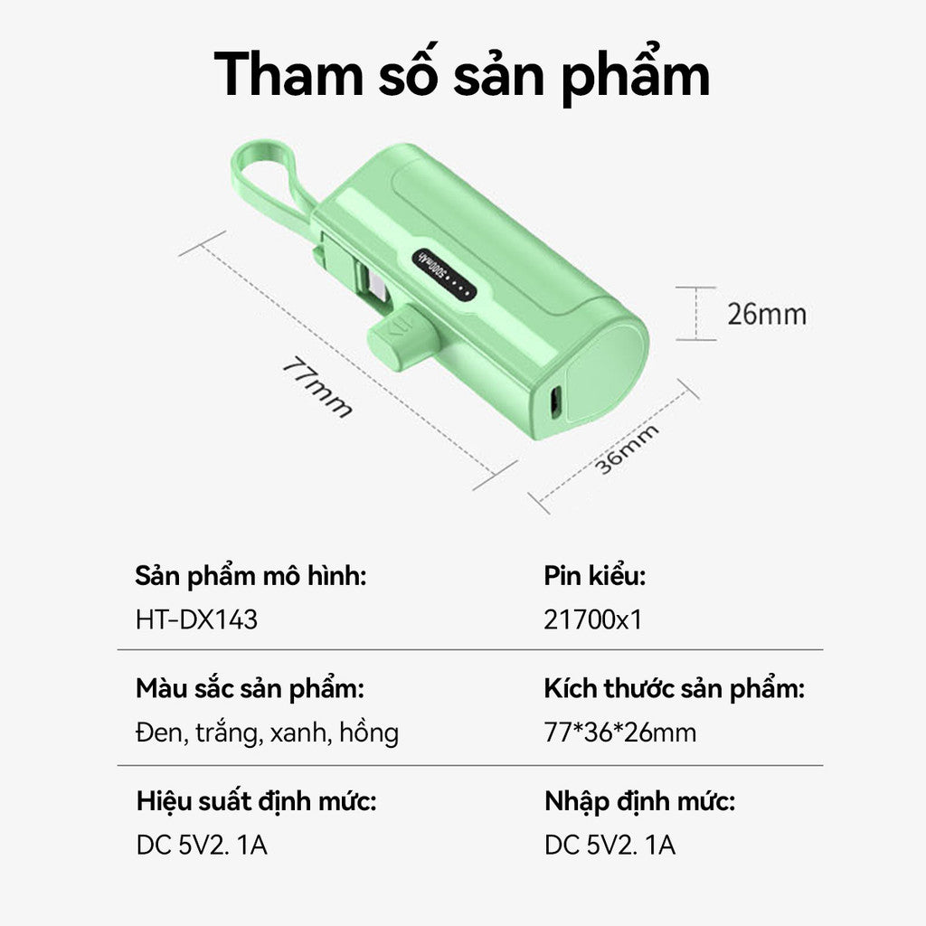 Pin Sạc Dự Phòng Mini 5000mAH Di Động An Toàn Cổng Ip Dây Type-C Macaron Cute Gaming