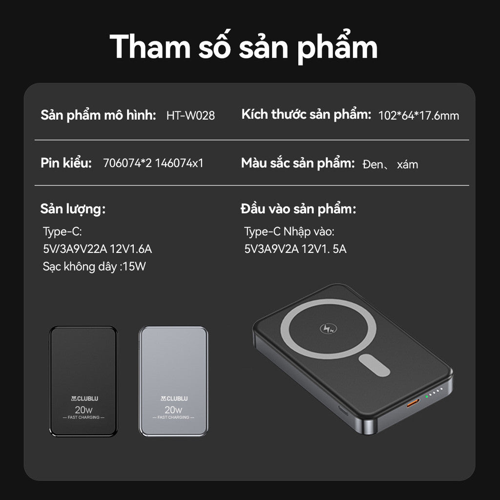 Pin Sạc Dự Phòng Mini Từ Tính Siêu Mỏng Sạc NhanhPD 10000mAH Hợp Kim Nhôm Không Dây Cao Cấp