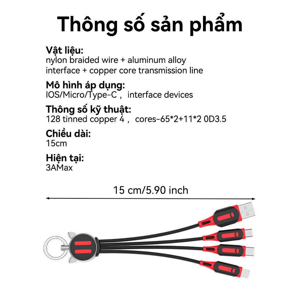 Cáp Sạc Và Truyền Dữ Liệu 3in1 Nhanh Micro USB Type-C Lighting Cho Điện Thoại Móc Khóa Cute