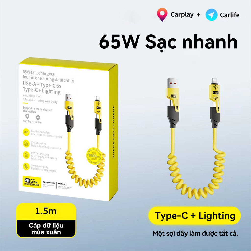 Dây Cáp 65W Sạc Nhanh Type-C Lighnting USB Nam Châm Lò So Chống Rối Phụ Kiện Điện Thoại