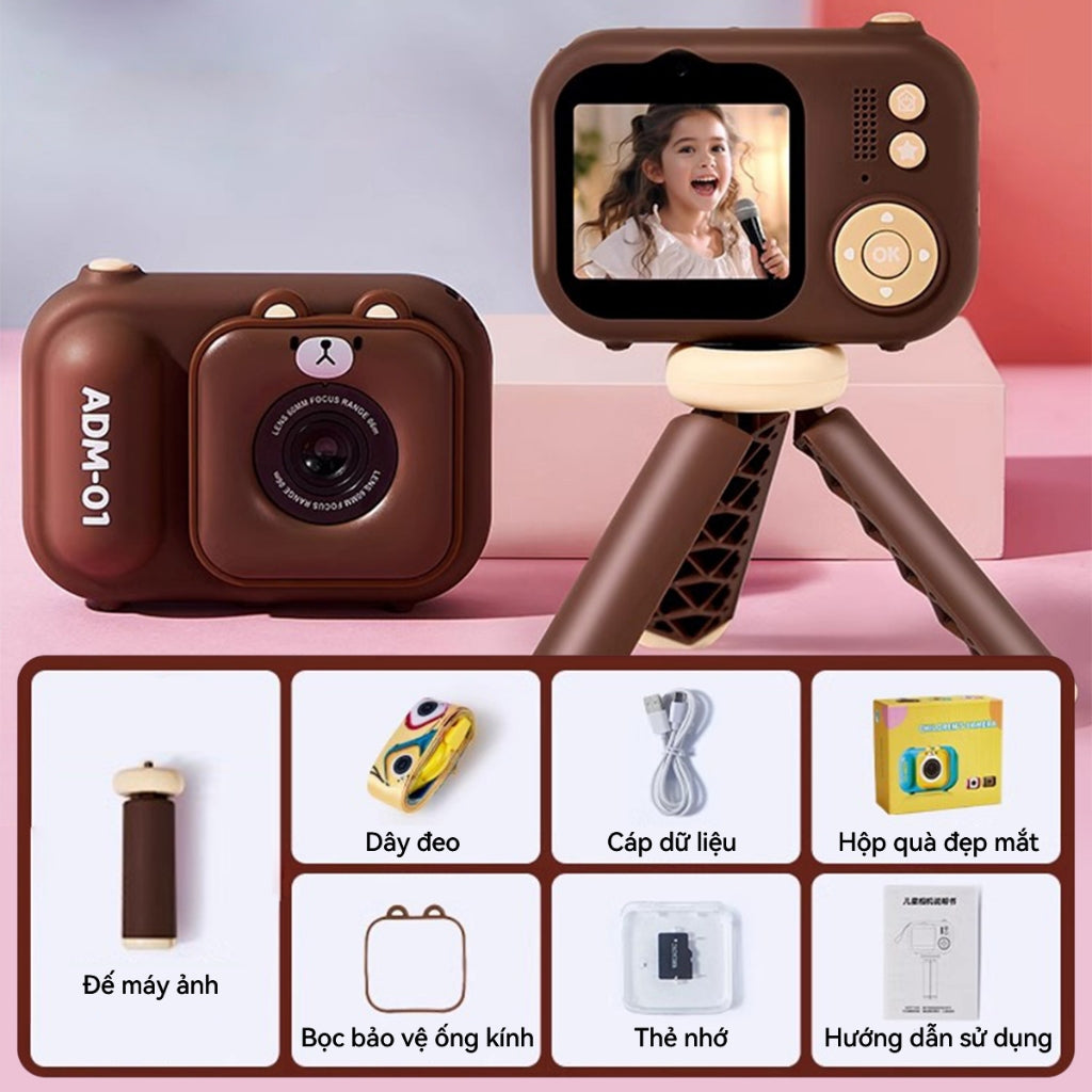 Máy Ảnh Kỹ Thuật Số Mini ADM-01 Camera Digital Trước Và Sau 720P 48MP Có Tripod Cho Bé Cute